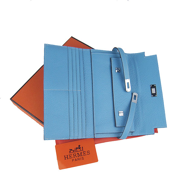 High Quality Hermes Kelly Long Clutch Bag Light Blue H009 Replica